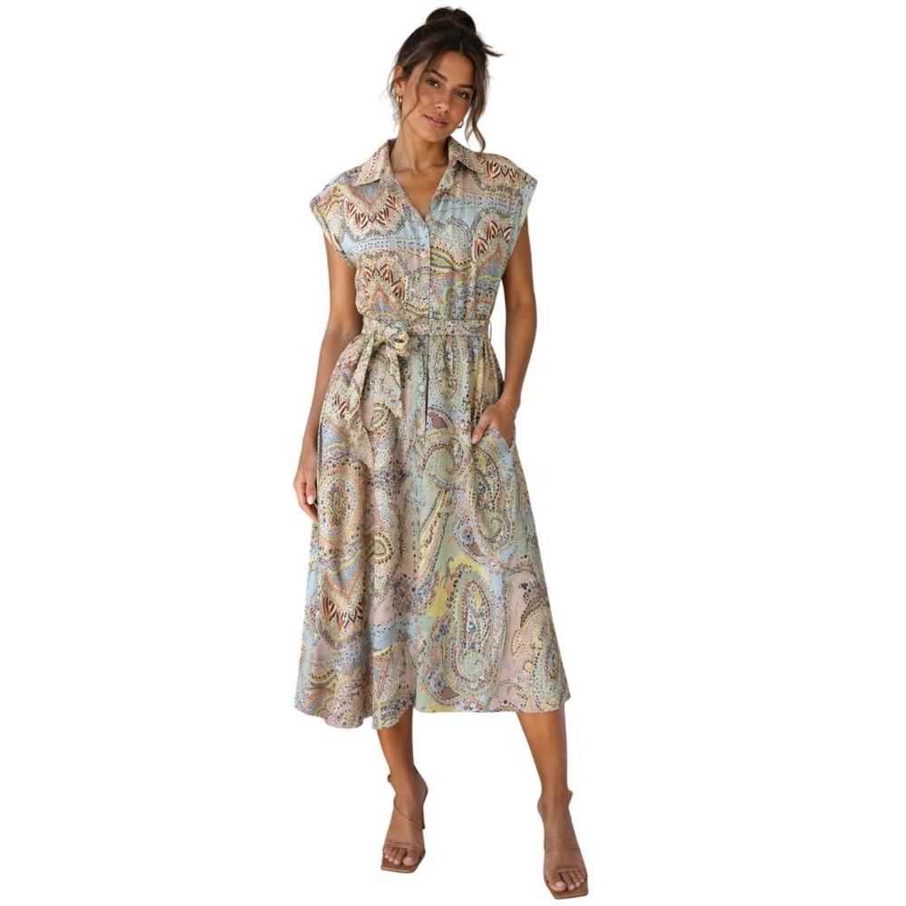 Zara Womens Paisley Print Belted Shirt Dress Multicolor Sleeveless Midi Size XS